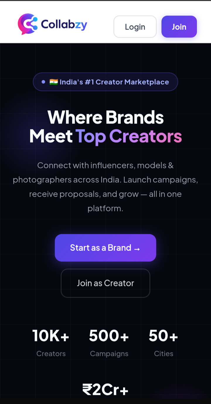 Collabzy influencer and brand collaboration platform screenshot